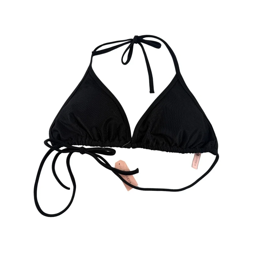 NWT Dobreva Black Ribbed Triangle Bikini Set Women's M‎ 8-10 Tie Side Swim